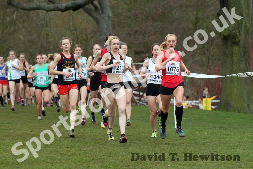 Gemma Steel (Leicestershire) leads from L. Deadman in the Senior Womens McCain Inter Counties Cross Country, Cofton Park, Birmingham.